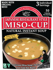Edward & Sons Miso-Cup packaging showcases portable miso soup for on-the-go meals.