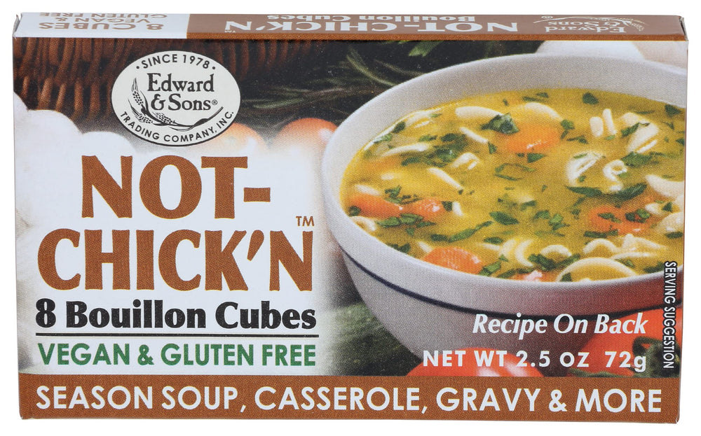 Edward & Sons Not Chicken Bouillon Cubes in pack ready to flavor vegan meals.