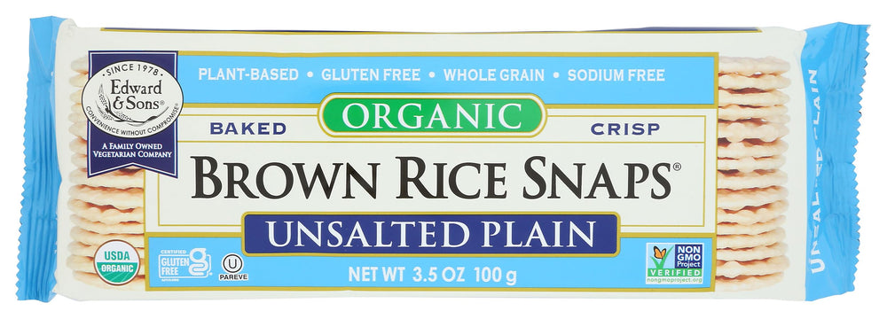 Edward & Sons Rice Snaps packaging highlights organic, gluten-free snack ready for on-the-go.