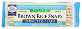 Edward & Sons Rice Snaps packaging highlights organic, gluten-free snack ready for on-the-go.