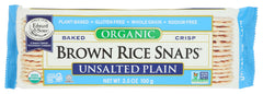 Edward & Sons Rice Snaps packaging highlights organic, gluten-free snack ready for on-the-go.
