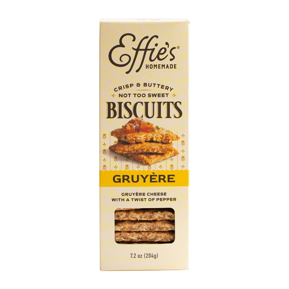 Effie's Gruyère biscuits pack on a board showing savory cheese pairing