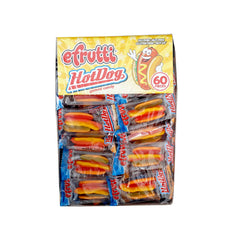 Colorful efrutti gummi hot dogs close up showing fruity flavors and chewy texture.