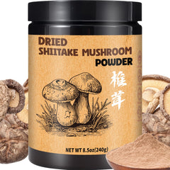 Egcina shiitake powder bottle showcasing rich umami for cooking.