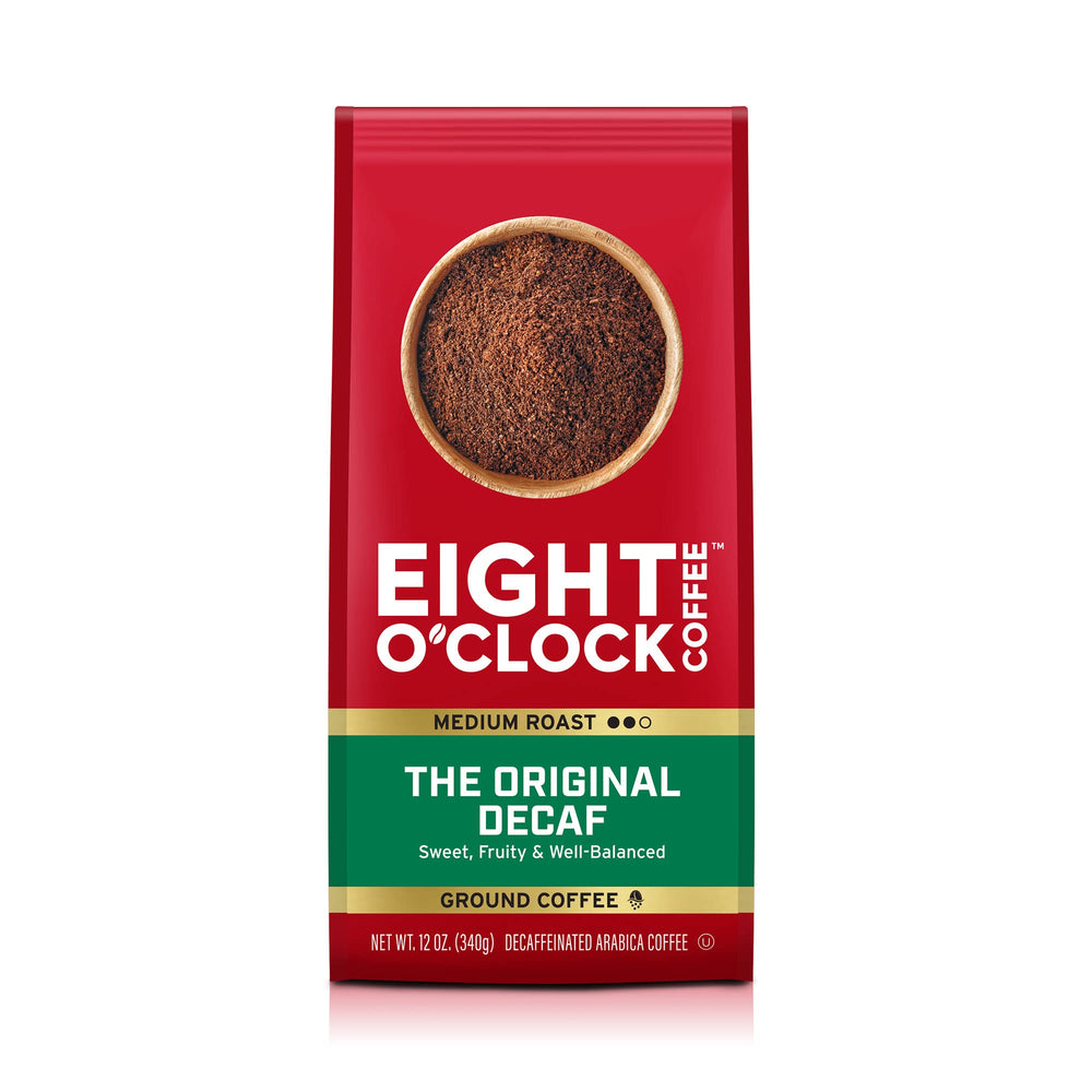 Eight O'Clock Coffee Original Decaf ground bag shows premium Arabica beans for a balanced morning cup.