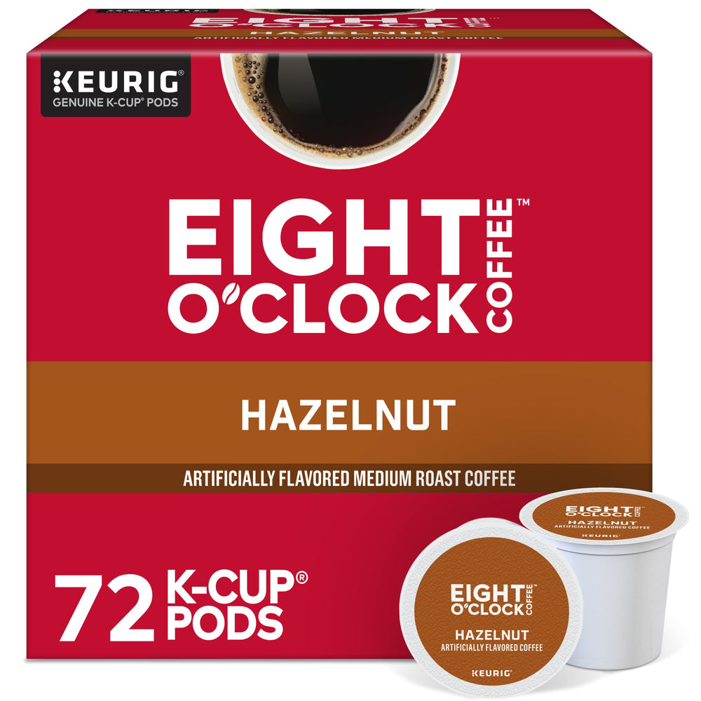 Eight O'Clock Hazelnut packaging on shelf shows convenient, ready-to-brew mornings.