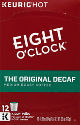 Eight O'Clock Original Decaf Coffee box showing rich aroma and single-serve convenience