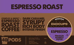 EKOCUPS Dark Roast Pods offer a complex, smoky profile with syrupy caramel notes.
