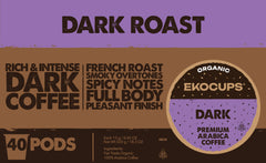 EKOCUPS organic dark roast pod packaging showing 40-count box