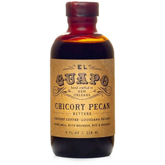 El Guapo Chicory Pecan Bitters bottle close-up highlighting rich aroma for cocktails