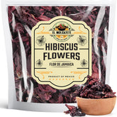El Molcajete Hibiscus Flowers 8oz packaging with vibrant petals for flavorful brews