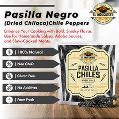 El Molcajete Pasilla Negro chiles bag back showing freshness and pantry use.