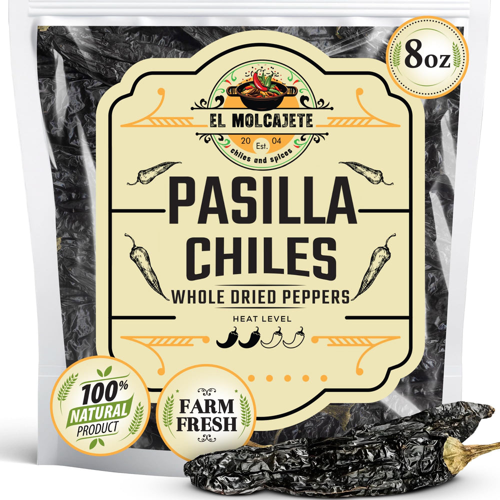 El Molcajete Pasilla Negro chiles bag front highlighting all-natural, sun-dried flavor.