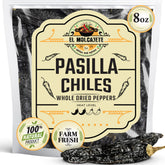 El Molcajete Pasilla Negro chiles bag front highlighting all-natural, sun-dried flavor.