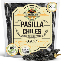 El Molcajete Pasilla Negro chiles bag front highlighting all-natural, sun-dried flavor.
