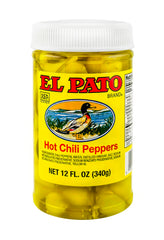 El Pato hot yellow chili peppers jar front, vibrant peppers for tangy heat on sandwiches
