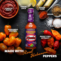 Front label of El Yucateco sauce highlights premium ingredients and bold heat.