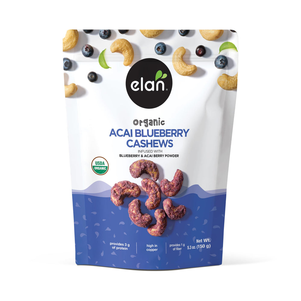 Elan Acai Blueberry Cashews pack shot, gluten-free and kosher-certified snack.