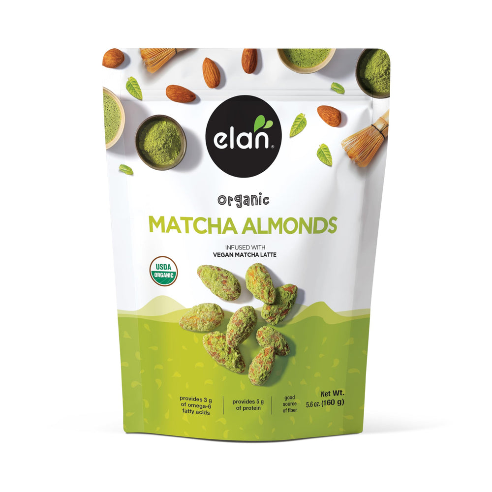 Elan Matcha Almonds jar close-up showing roasted almonds and matcha for a vibrant energizing snack