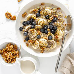Elan Organic Chia Walnuts atop yogurt with oats for breakfast