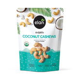 Elan Organic Coconut Cashews pack with glossy glaze, ideal for on-the-go snacking.