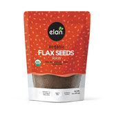 Elan Organic Flax Seeds packaging highlights a wholesome source of omega-3 and fiber.