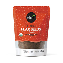Elan Organic Flax Seeds packaging highlights a wholesome source of omega-3 and fiber.