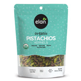 Elan Organic Raw Pistachios bag close-up showing fresh kernels for snacking
