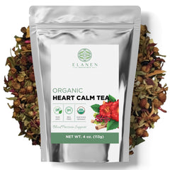 Elanen Naturals Heart Calm Tea loose leaf blend; hibiscus-forward balance in every cup
