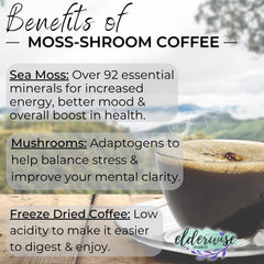 Elderwise Coffee with Mushrooms and Sea Moss packaging highlights convenience and freeze-dried format