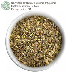 Elanen Naturals Breathe Tea loose-leaf blend close-up showing herbs.