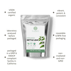 Elanen Naturals dried nettle leaves detail, vibrant texture signals quality.