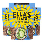 ELLA'S FLATS All Seed Savory Crisps packaging, gluten-free 3-pack for snack time.