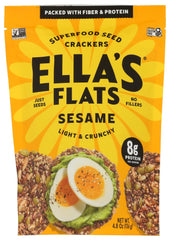 Ella's Flats Sesame Crackers pack shot highlighting premium ingredients for snacking.