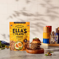 Ella's Flats sesame crisps on cheese board.