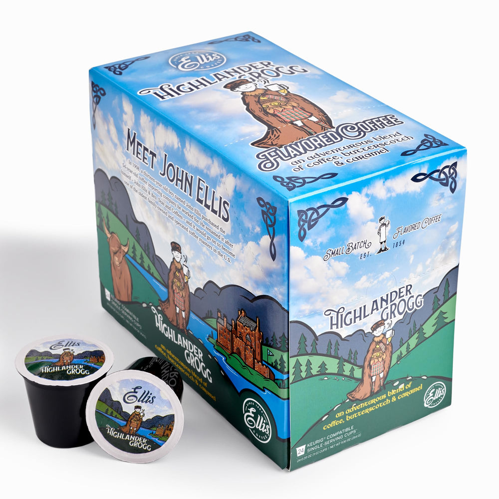 Ellis Coffee Highlander Grogg pods packaging for quick, flavorful brews.