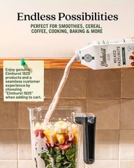 Elmhurst hazelnut milk bottle on pantry shelf, long shelf-stable before opening