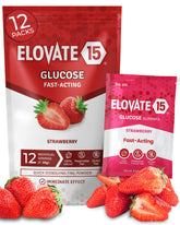 Elovate 15 fast-acting glucose packets in packaging for quick energy on the go.
