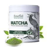 Emerail ceremonial grade matcha powder close-up in tin for smooth latte preparation