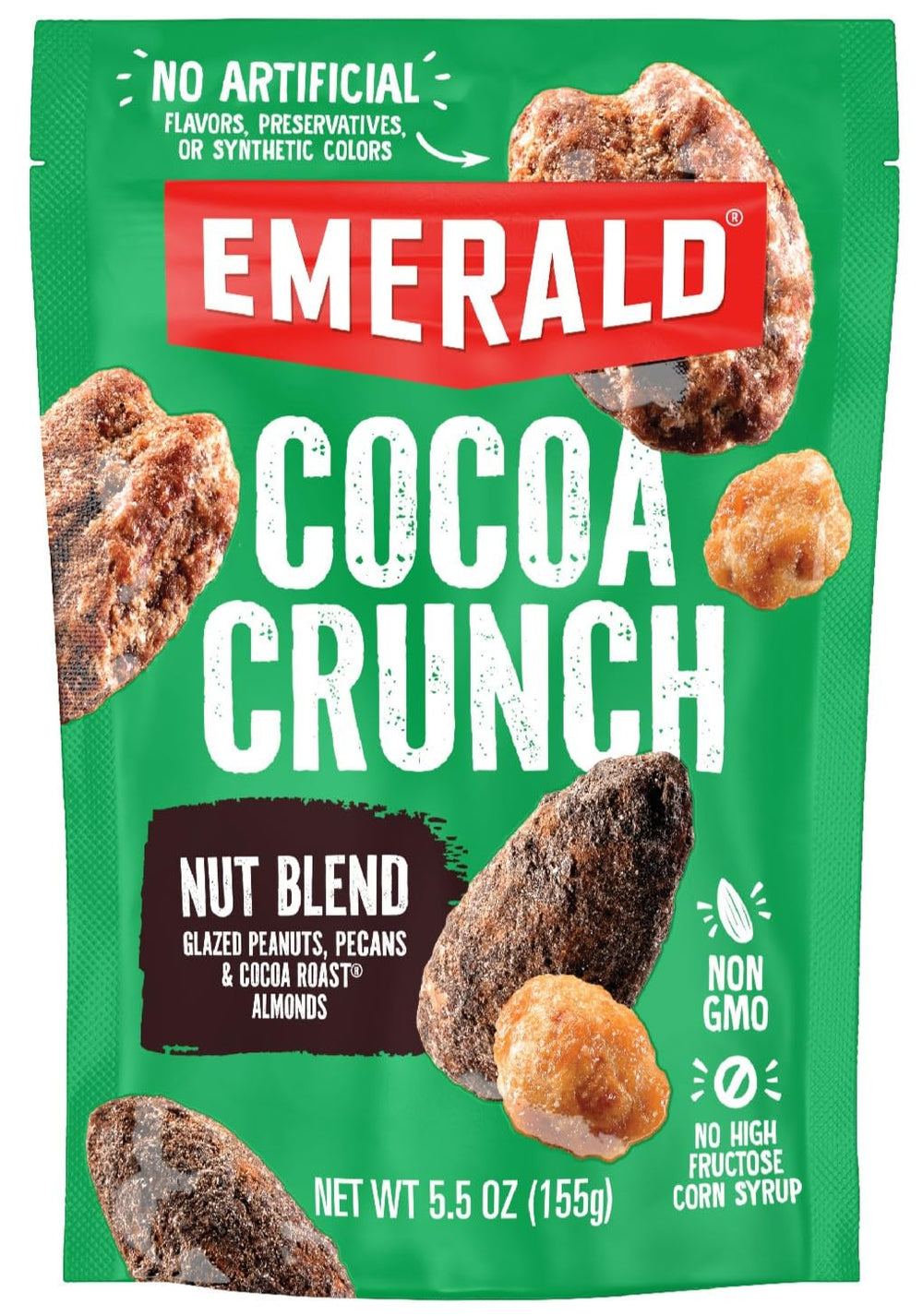 Emerald Chocolate Peanut Crunch Mixed Nuts in resealable bag for on-the-go snacking.