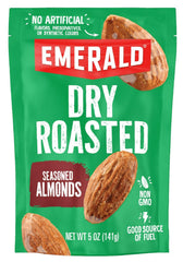 Emerald Dry Roasted Almonds pack close-up, convenient on-the-go snack.