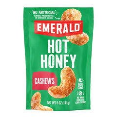 Emerald Hot Honey Cashews bag front view, resealable for on-the-go freshness