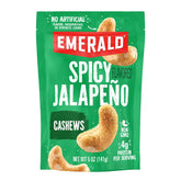 Emerald Jalapeno Cashews bag shows convenient reseal for fresh snacking on the go.
