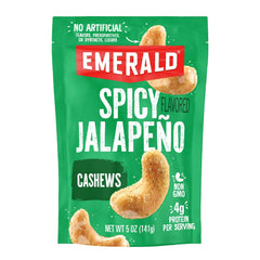 Emerald Jalapeno Cashews bag shows convenient reseal for fresh snacking on the go.