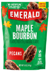 Emerald Maple Bourbon Pecans in a 5oz resealable bag, ideal for on-the-go snacking.