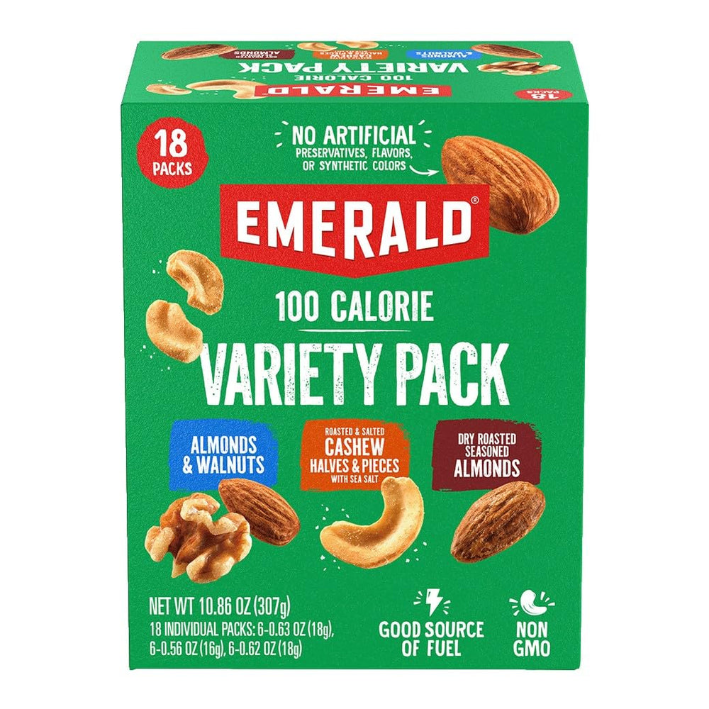 Emerald Nuts mixed nuts variety pack front view, convenient on-the-go snack