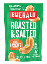 Emerald whole cashews in resealable bag for on-the-go snacking.