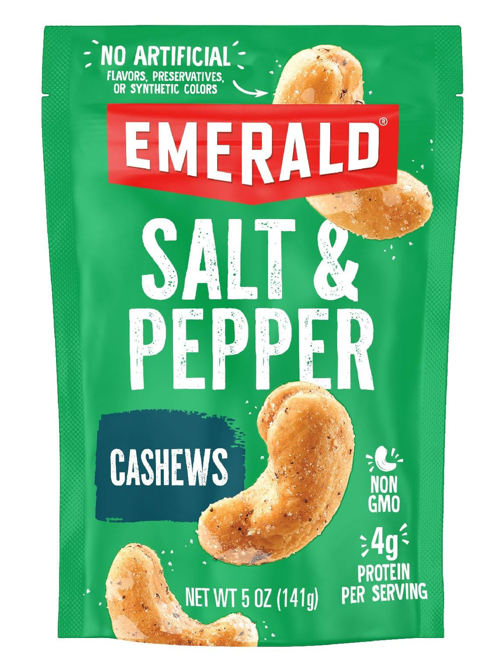 Emerald Salt and Pepper Cashews bag front, ideal for on-the-go snacking.