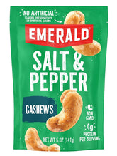 Emerald Salt and Pepper Cashews packfront in resealable bag for fresh snacking.