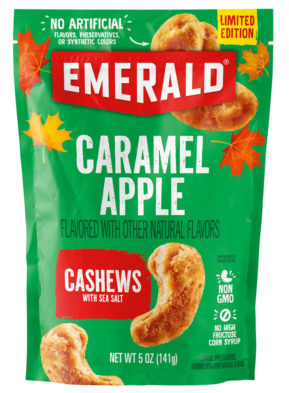 Emerald Salted Caramel Apple Cashews in resealable bag for on-the-go snacking.